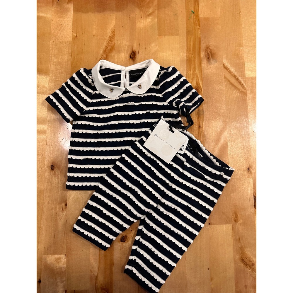 Victoria Beckham Scalloped Stripe Set Kids NB Navy White NEW Bee Collar